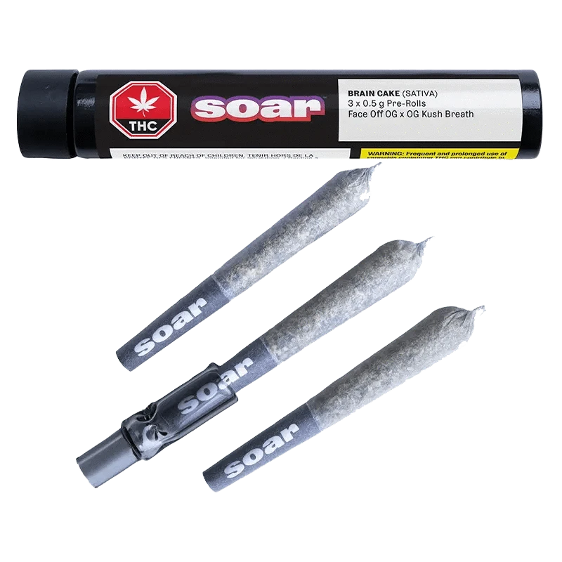 Front view of the Brain Cake Pre Rolled 3 x 0.5 g pre-rolls with a bold, graphic design against a white background.
