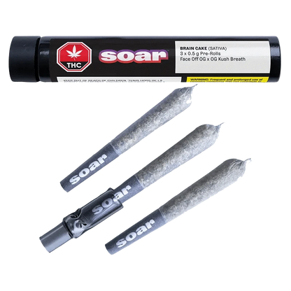 Front view of the Brain Cake Pre Rolled 3 x 0.5 g pre-rolls with a bold, graphic design against a white background.