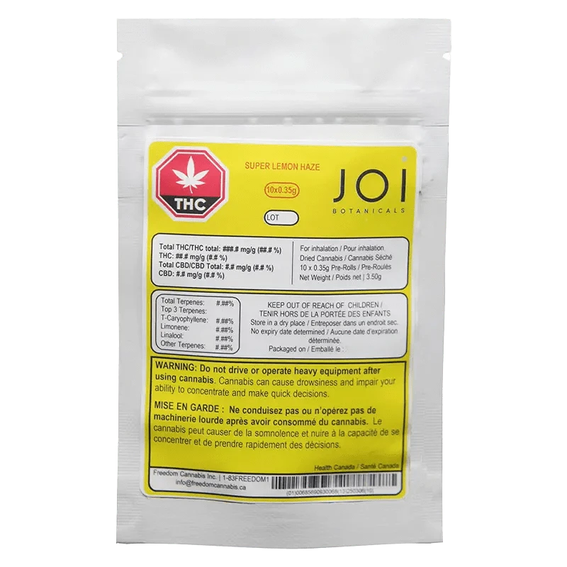 CBD Super Lemon Haze Pre Rolled 10 x 0.35 g packaging in a close-up shot, displaying branding and regulatory information in dark text.