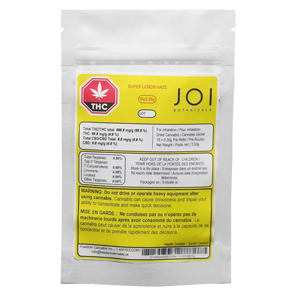 CBD Super Lemon Haze Pre Rolled 10 x 0.35 g packaging in a close-up shot, displaying branding and regulatory information in dark text.