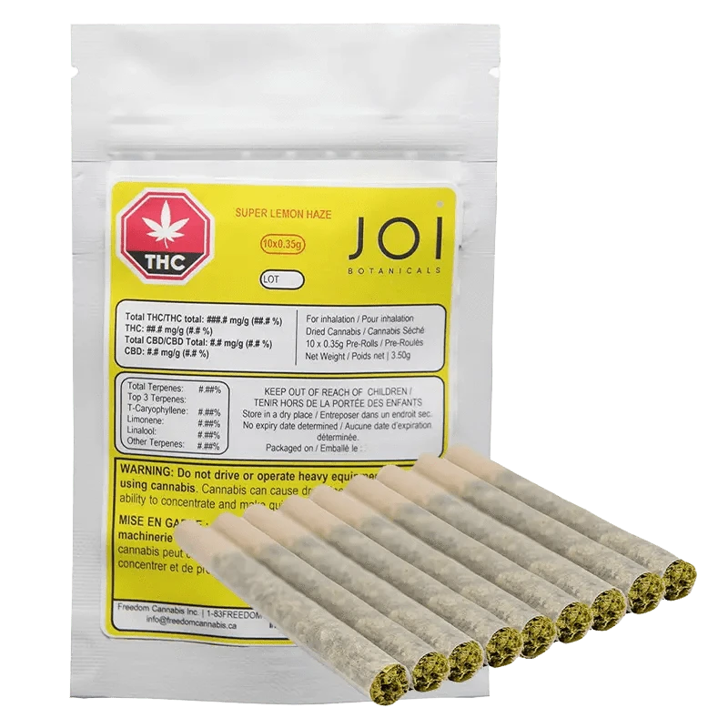 Close-up of the Joi Botanicals CBD Super Lemon Haze Pre Rolled 10 x 0.35 g packaging with bold text and a dark background.