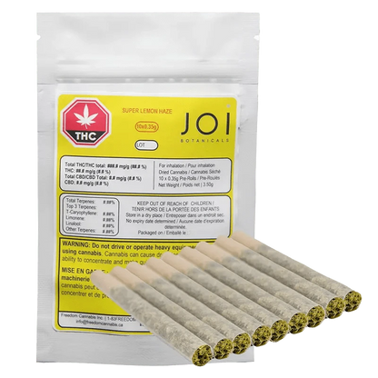 Close-up of the Joi Botanicals CBD Super Lemon Haze Pre Rolled 10 x 0.35 g packaging with bold text and a dark background.