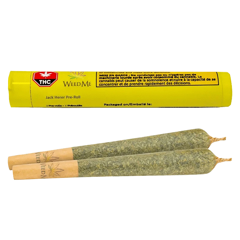 Front view of two 1g pre-rolls of Jack Herer PR, each in individual packaging with branding visible against a dark background.