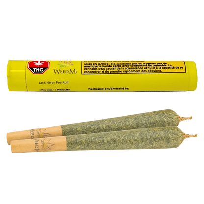 Front view of two 1g pre-rolls of Jack Herer PR, each in individual packaging with branding visible against a dark background.