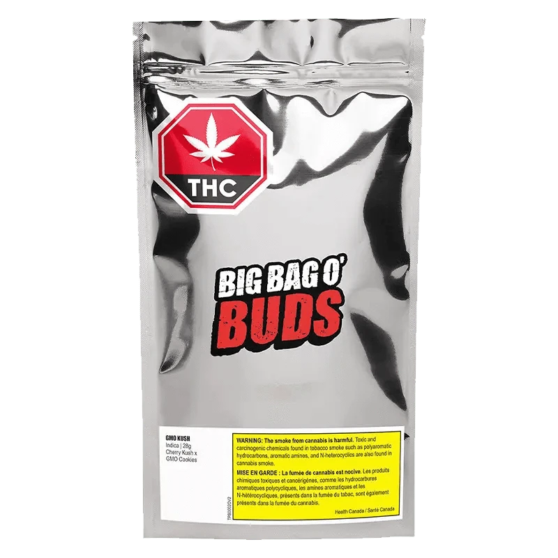 Front view of the GMO Kush bag with vibrant red lettering, indicating the product’s contents.
