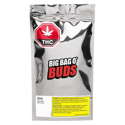 Front view of the GMO Kush bag with vibrant red lettering, indicating the product’s contents.
