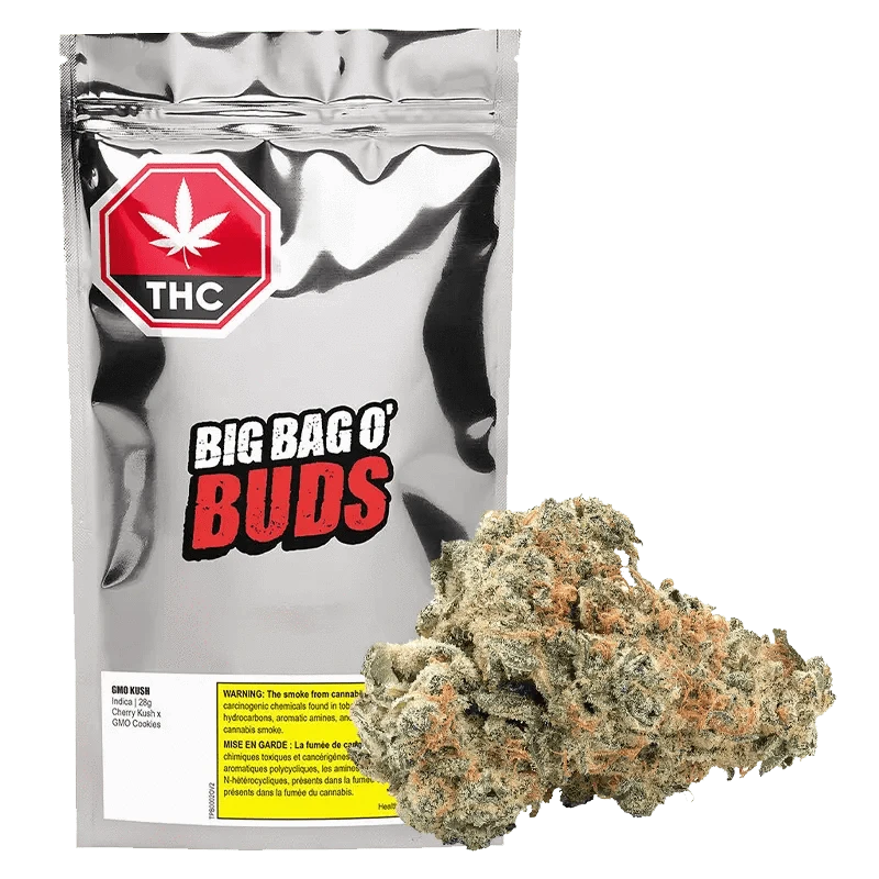 Front view of the GMO Kush package, featuring bold red lettering against a white background with visible warnings.