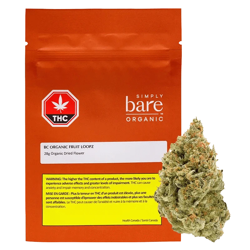 Front view of the BC Organic Fruit Loopz packaging, featuring a colorful, playful design with cannabis leaf branding.