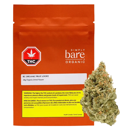 Front view of the BC Organic Fruit Loopz packaging, featuring a colorful, playful design with cannabis leaf branding.