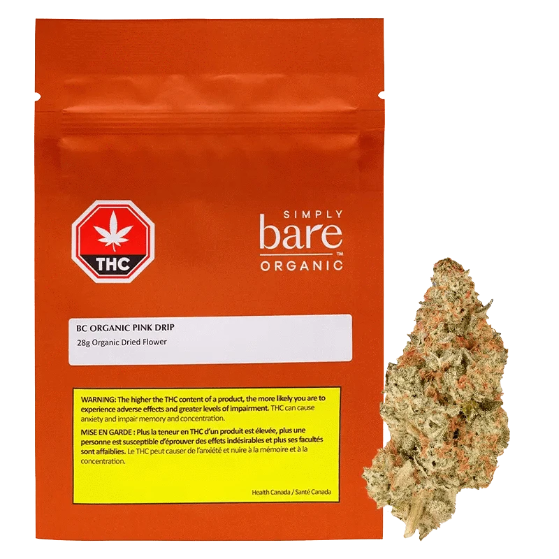 Front view of the BC Organic Pink Drip packaging against a dark backdrop, displaying the brand logo and product name in white lettering.