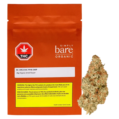 Front view of the BC Organic Pink Drip packaging against a dark backdrop, displaying the brand logo and product name in white lettering.