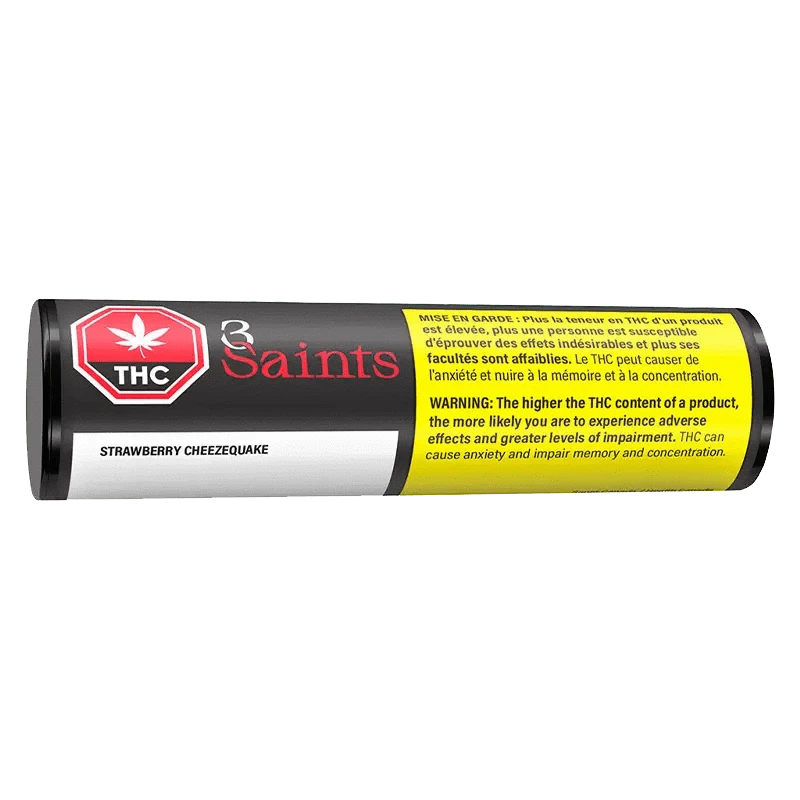 Strawberry Cheezequake Pre Rolled 4 x 0.5 g packaging displays a warning against THC, shown in a close-up, angled view.