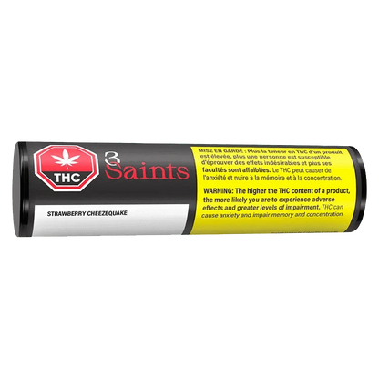 Strawberry Cheezequake Pre Rolled 4 x 0.5 g packaging displays a warning against THC, shown in a close-up, angled view.