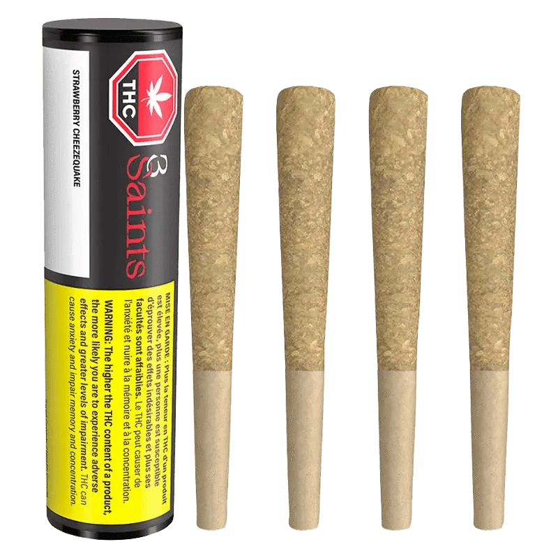 Front view of the Strawberry Cheezequake Pre Rolled 4 x 0.5 g package, featuring vibrant pink and green branding against a dark backdrop.