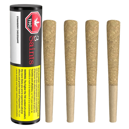 Front view of the Strawberry Cheezequake Pre Rolled 4 x 0.5 g package, featuring vibrant pink and green branding against a dark backdrop.
