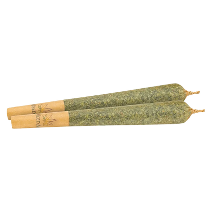 A close-up shot of two Farm Gas Pre Rolled 1 g pre-rolls, displayed side-by-side on a plain white background.