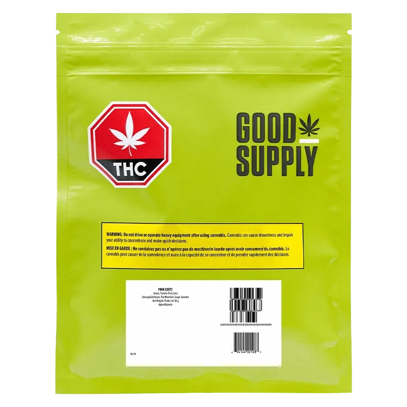 Front view of the Pink Certz package with branding, displaying a black and white graphic with a green leaf accent.