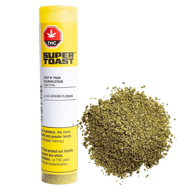 A close-up of the Guavalicious Pop n' Pour container, showcasing its vibrant packaging against a black background.