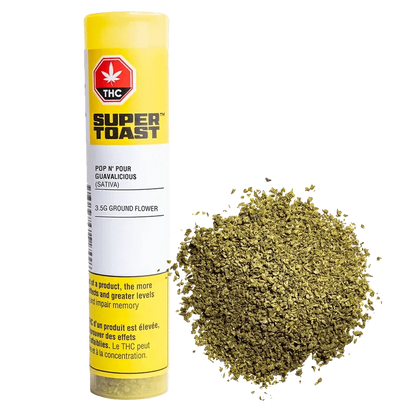 A close-up of the Guavalicious Pop n' Pour container, showcasing its vibrant packaging against a black background.