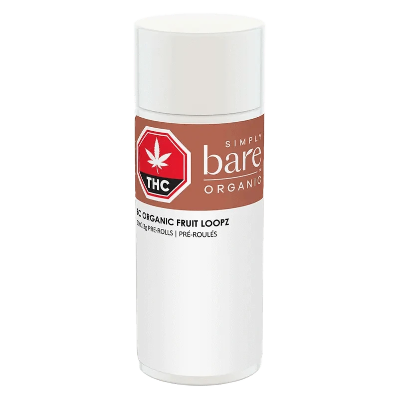Front view of the BC Organic Fruit Loopz Pre Rolled packaging, displaying a colorful logo against a white backdrop.