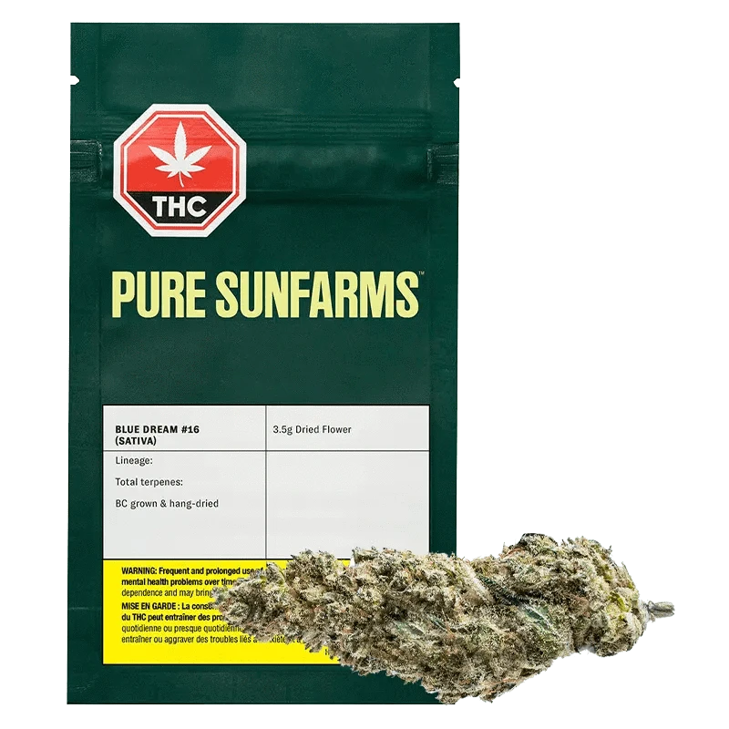 Front view of the Pure Dream #16 packaging against a white background with a green THC logo and black text details.