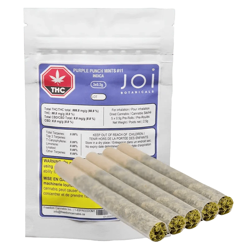 Close-up of the Purple Punch Mints #11 Pre Rolled 5 x 0.5 g package, showcasing its branding and label details against a neutral background.