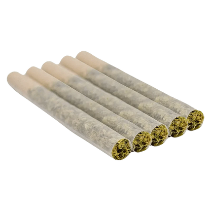 A close-up view of five Purple Punch Mints #11 Pre Rolled 0.5 g packages arranged in a horizontal row against a white background.