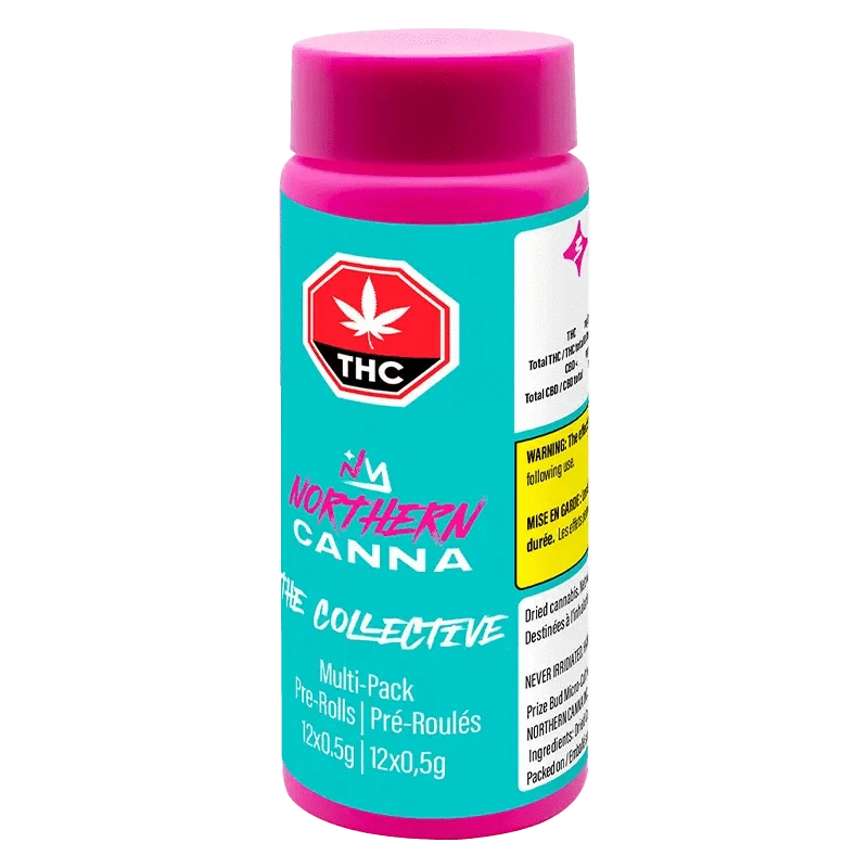 Front view of The Collective Pre Rolled 12 x 0.5 g packaging, showing colorful branding and French text on a white background.