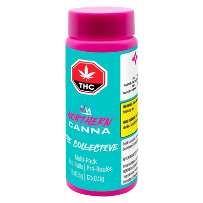 Front view of The Collective Pre Rolled 12 x 0.5 g packaging, showing colorful branding and French text on a white background.