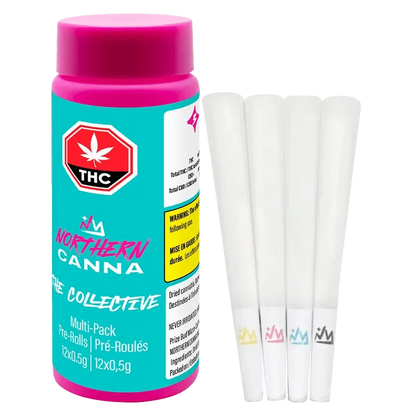 A close-up of The Collective Pre Rolled 12 x 0.5 g pre-rolled joints with colorful branding details against a neutral background.