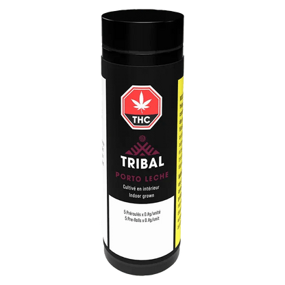 Front view of the Porto Leche Pre Rolled 5 x 0.6 g pre-roll package, displaying bold white text on a dark background.