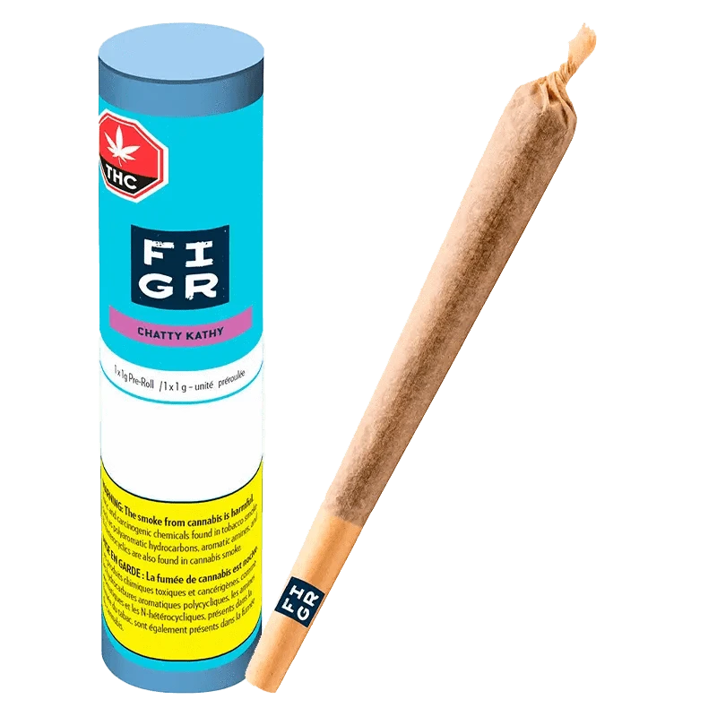 Close-up of the “Chatty Kathy Pre Rolled 1 x 1 g” pre-roll against a black background, highlighting its colorful branded packaging.