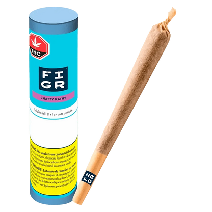 Close-up of the “Chatty Kathy Pre Rolled 1 x 1 g” pre-roll against a black background, highlighting its colorful branded packaging.