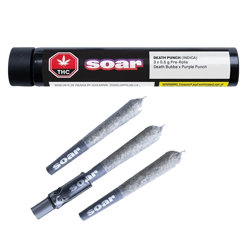 A close-up of the Death Punch Pre Rolled 3 x 0.5 g pre-rolls, stacked against a dark background with branding clearly visible.