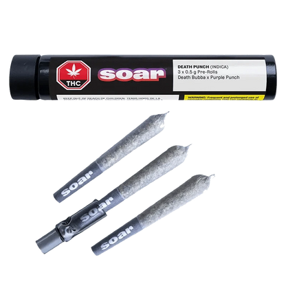 A close-up of the Death Punch Pre Rolled 3 x 0.5 g pre-rolls, stacked against a dark background with branding clearly visible.