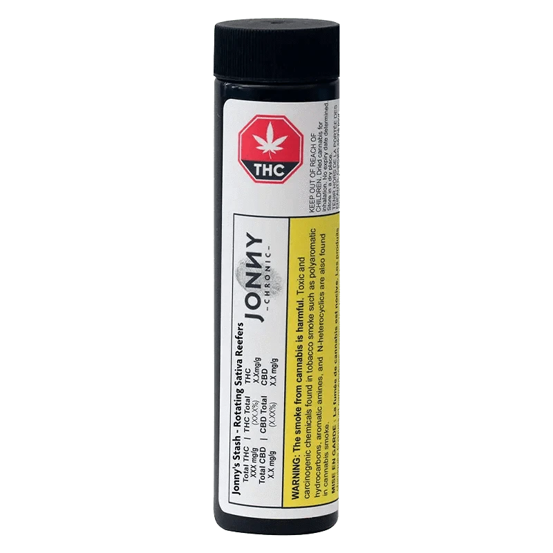 Front view of Jonny's Stash - Rotating Reefers Pre Rolled 5 x 1 g packaging, with bold lettering and warning text visible on the label.