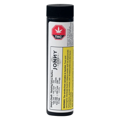 Front view of Jonny's Stash - Rotating Reefers Pre Rolled 5 x 1 g packaging, with bold lettering and warning text visible on the label.