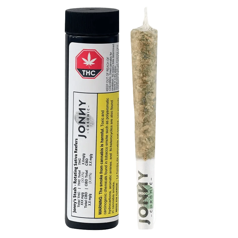 A close-up of Jonny's Stash - Rotating Reefers Pre Rolled 5 x 1 g, showing warning labels against a dark background.