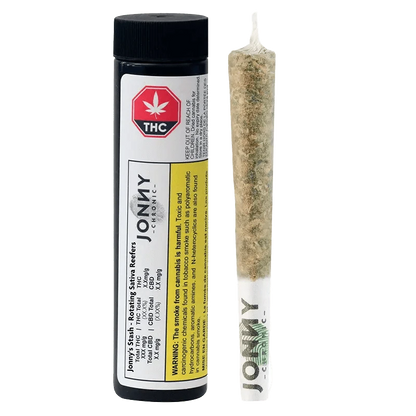 A close-up of Jonny's Stash - Rotating Reefers Pre Rolled 5 x 1 g, showing warning labels against a dark background.