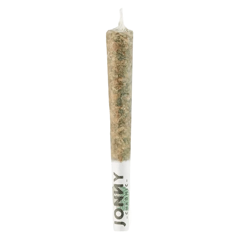 A close-up of Jonny's Stash Rotating Reefers PR, showing a pre-rolled, cylindrical cannabis product.