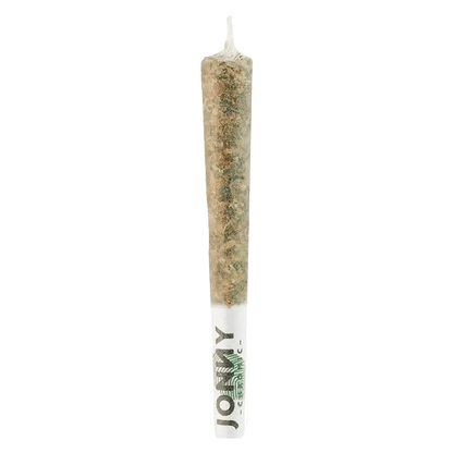 A close-up of Jonny's Stash Rotating Reefers PR, showing a pre-rolled, cylindrical cannabis product.