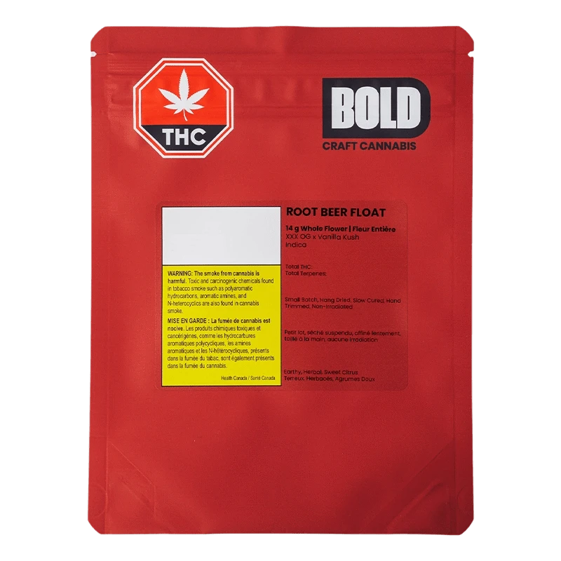 Front-facing red pouch photographed against white, showing the Bold Root Beer Float label, THC emblem, and warning box.