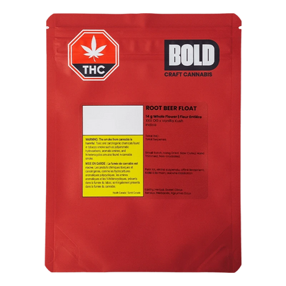 Front-facing red pouch photographed against white, showing the Bold Root Beer Float label, THC emblem, and warning box.