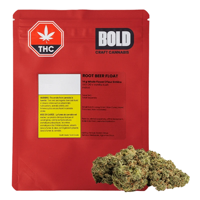 Front-facing shot of a red pouch and bud labeled Bold Root Beer Float, with the pouch's THC emblem and product panel visible.