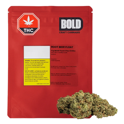 Front-facing shot of a red pouch and bud labeled Bold Root Beer Float, with the pouch's THC emblem and product panel visible.