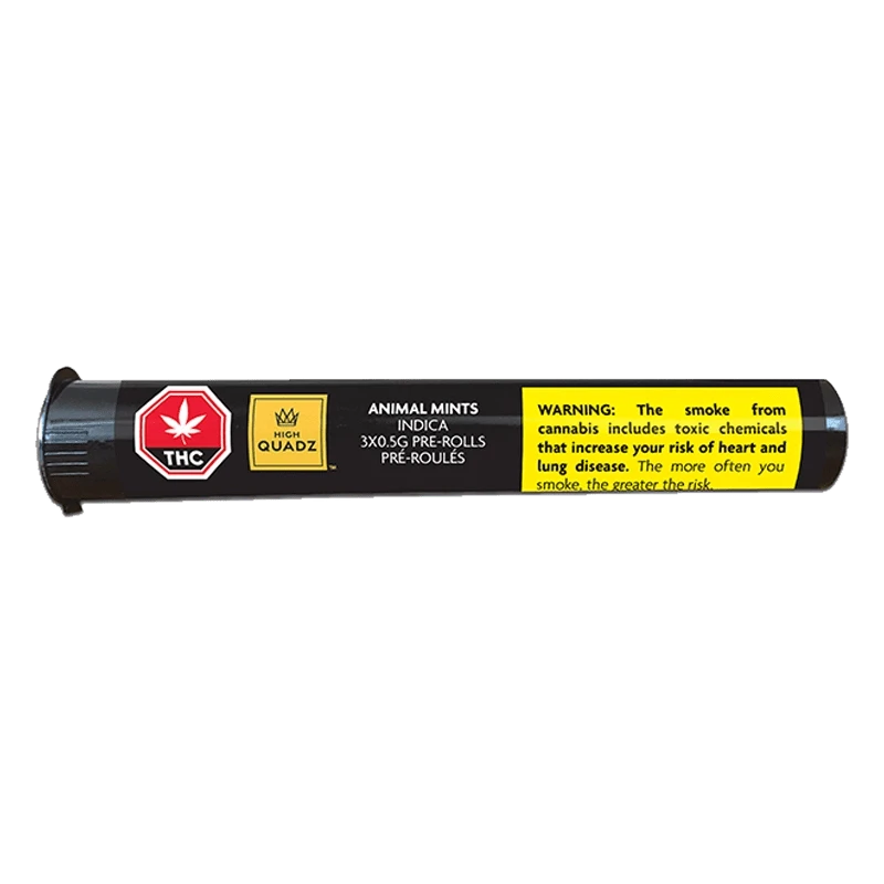 Side-on shot of a black tube labeled Animal Mints PR 3 x 0.5 g showing THC and High Quadz logos and a yellow warning panel.