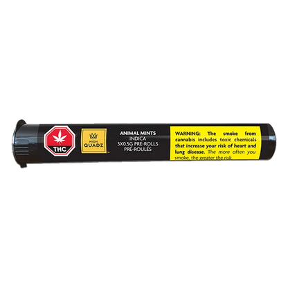 Side-on shot of a black tube labeled Animal Mints PR 3 x 0.5 g showing THC and High Quadz logos and a yellow warning panel.
