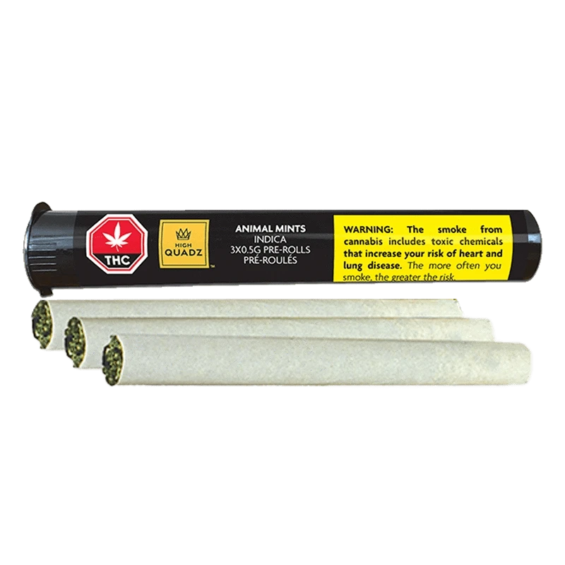 Side view of three rolled joints in front of a black tube labeled "Animal Mints PR 3 x 0.5 g" with a yellow warning panel.