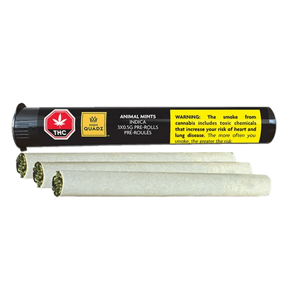 Side view of three rolled joints in front of a black tube labeled "Animal Mints PR 3 x 0.5 g" with a yellow warning panel.