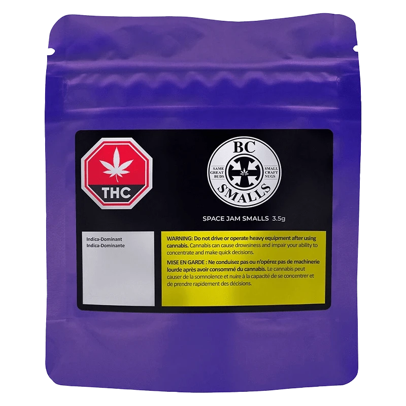 Front-facing purple pouch labeled "Space Jam Smalls" with a black product panel, THC octagon icon, BC Smalls logo, and yellow warning box.